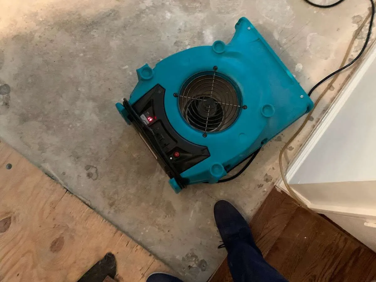 Air mover drying subfloor during Commercial Water Damage Restoration in Davidson